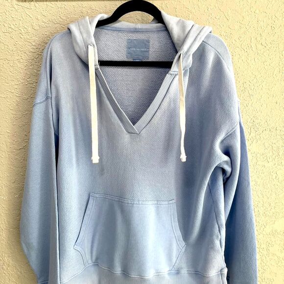 American Eagle Outfitters Tops - American Eagle Light Blue French Terry Hoodie – Size M, Relaxed Fit, V-Neck